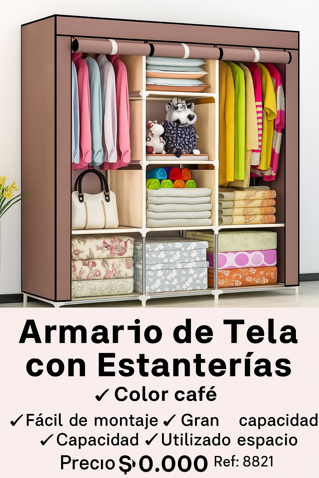 ARMARIO PERCHERO DE TELA CON ESTANTERIAS